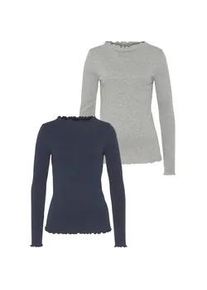 Langarmshirt Flashlights, Damen, Gr. 36, blau (marine, grau melange), Feinripp, Obermaterial: 100% Baumwolle. Obermaterial 2: 95% Baumwolle, 5% Viskose. Obermaterial Melange: 95% Baumwolle, 5% Viskose, clean, unifarben, Basic, sehr figurbetont, gekr&auml;uselter Ausschnitt, Shirts Langarmshirt, sehr figurbetonte Passform, gekr&auml;uselter Ausschnitt