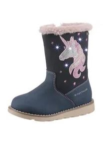 Winterstiefel Tom Tailor "Blinkschuh", Damen, Gr. 28, blau (dunkelblau), Lederimitat, Textil, Glitzer, Schuhe Winterstiefel, Langschafttstiefel, Kinderstiefel mit blinkendem Einhornmotiv