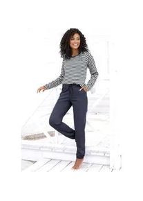 Pyjama Vivance DREAMS, Damen, Gr. 44/46, blau (dunkelblau), Single Jersey, Obermaterial: 100% Baumwolle, bestickt, gestreift, Basic, bequem lang, Rundhals, Raglan&auml;rmel, Homewear-Sets Pyjama, mit garngef&auml;rbten Streifen