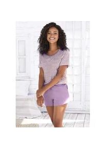 Shorty Vivance DREAMS, Damen, Gr. 56/58, lila, Single Jersey, Obermaterial: 100% Baumwolle, bestickt, gestreift, bequem kurz, Rundhals, Raglan&auml;rmel, Homewear-Sets Shorty, mit sch&ouml;nem Streifenmuster