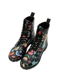 Schn&uuml;rboots DOGO "Long Boots Schn&uuml;rstiefel Flower & Birds Black Damen", Damen, Gr. 38, Normalschaft, schwarz, Lederimitat, Schuhe Schn&uuml;rboots, Handgefertigt