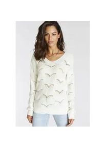 Strickpullover Laura Scott, Damen, Gr. 44, wei&szlig; (wollwei&szlig;), Strick, Obermaterial: 100% Polyacryl, unifarben, l&auml;ssig geschnitten h&uuml;ftlang, V-Ausschnitt, B&uuml;ndchen, Pullover Strickpullover, softer &Uuml;bergangsstrick mit V-neck und trendy Ajourmuster