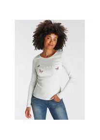 Langarmshirt Kangaroos, Damen, Gr. 48/50, blau (hellblau), Rippware, Obermaterial: 100% Baumwolle, bedruckt, kontrastfarbene Details, unifarben mit Farbeinsatz, sehr figurbetont h&uuml;ftbedeckend, Rundhals, krempelbar, Shirts Langarmshirt, krempelbare &Auml;rmel, sehr figurbetonter Schnitt