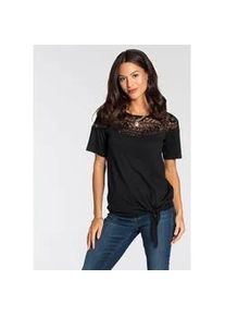 Wickelshirt Laura Scott, Damen, Gr. 40, schwarz, Single Jersey, Obermaterial: 95% Viskose, 5% Elasthan. Spitze: 95% Polyester, 5% Elasthan, unifarben, figurumspielend h&uuml;ftlang, Rundhals, Raglan&auml;rmel, Shirts, halbarm, figurumspielende Passform, aus Single Jersey und Spitze