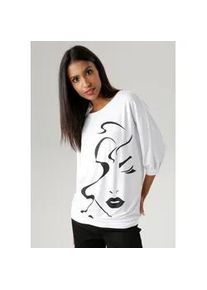 Fledermausshirt Aniston SELECTED, Damen, Gr. 48, schwarz-wei&szlig; (wei&szlig;, schwarz), Single Jersey, Obermaterial: 95% Viskose, 5% Elasthan, bedruckt, l&auml;ssig geschnitten h&uuml;ftbedeckend, Rundhals, Fledermaus&auml;rmel B&uuml;ndchen, Shirts Fledermausshirt, mit abstraktem Gesichtsdruck