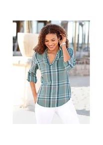 Flanellbluse Casual Looks, Damen, Gr. 46, bunt (dunkelblau, jade, meliert), 100% Baumwolle, gemustert, kariert, mehrfarbig, V-Ausschnitt, Blusen