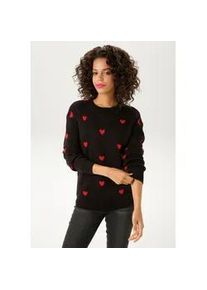 Strickpullover Aniston CASUAL, Damen, Gr. 38, schwarz (schwarz, rot), Strick, Obermaterial: 100% Polyacryl, Jacquardmuster, gemustert, figurumspielend h&uuml;ftlang, Rundhals, Rippstrickb&uuml;ndchen, Pullover Strickpullover, mit eingestrickten Herzchen, Topseller