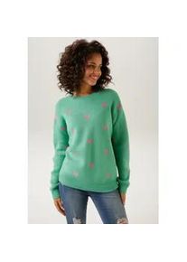 Strickpullover Aniston CASUAL, Damen, Gr. 44, gr&uuml;n (gr&uuml;n, pink), Strick, Obermaterial: 100% Polyacryl, Jacquardmuster, gemustert, figurumspielend h&uuml;ftlang, Rundhals, Rippstrickb&uuml;ndchen, Pullover Strickpullover, mit eingestrickten Herzchen, Topseller