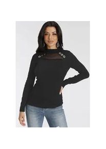 Strickpullover Melrose, Damen, Gr. 34, schwarz, Feinstrick, Obermaterial: 70% Viskose, 30% Polyamid. Netzmaterial: 100% Polyamid, unifarben, sehr figurbetont h&uuml;ftlang, hoch geschlossener Ausschnitt, Pullover Strickpullover, mit Nietendetails und Mesh-Einsatz