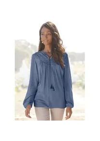 Crepebluse Lascana, Damen, Gr. 34, blau (smokey blau), Cr&ecirc;pe, Obermaterial: 100% Viskose. Spitze: 100% Baumwolle, unifarben, figurumspielend h&uuml;ftlang, V-Ausschnitt, elastischer Bund, Blusen, mit Lochstickerei, Damenbluse, lockere Passform