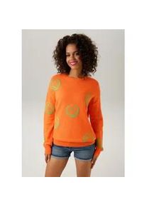 Strickpullover Aniston CASUAL, Damen, Gr. 36, bunt (orange, apfelgr&uuml;n), Feinstrick, Obermaterial: 100% Baumwolle, gemustert, figurumspielend h&uuml;ftbedeckend, Rundhals, Rippstrickb&uuml;ndchen, Pullover Strickpullover, mit eingestrickten Smileys, Topseller