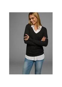 V-Ausschnitt-Pullover Kangaroos, Damen, Gr. 36/38, grau (anthrazit), Rippstrick, Obermaterial: 50% Baumwolle, 50% Polyacryl, unifarben, sehr figurbetont h&uuml;ftlang, V-Ausschnitt, Rippb&uuml;ndchen mit Daumenl&ouml;chern, Pullover Strickpullover Pullover V-Pullover, in breit geripptem Feinstrick