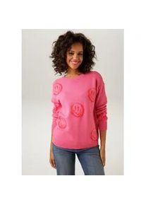 Strickpullover Aniston CASUAL, Damen, Gr. 38, pink (pink, rot), Feinstrick, Obermaterial: 100% Baumwolle, gemustert, figurumspielend h&uuml;ftbedeckend, Rundhals, Rippstrickb&uuml;ndchen, Pullover Strickpullover, mit eingestrickten Smileys, Topseller