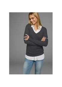 V-Ausschnitt-Pullover Kangaroos, Damen, Gr. 48/50, grau (anthrazit), Rippstrick, Obermaterial: 50% Baumwolle, 50% Polyacryl, unifarben, sehr figurbetont h&uuml;ftlang, V-Ausschnitt, Rippb&uuml;ndchen mit Daumenl&ouml;chern, Pullover Strickpullover Pullover V-Pullover, in breit geripptem Feinstrick