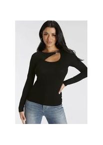 Langarmshirt Melrose, Damen, Gr. 40, schwarz, Jersey, Obermaterial: 95% Viskose, 5% Elasthan. Spitze: 95% Polyester, 5% Elasthan, unifarben, sehr figurbetont h&uuml;ftlang, Shirts Langarmshirt, Langarm, unifarben, mit Zierschnalle
