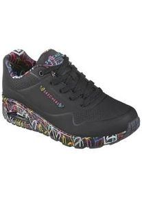 Wedgesneaker Skechers "UNO-LOVING LOVE", Damen, Gr. 41, bunt (schwarz, bunt), Lederimitat, Schuhe, Freizeitschuh, Halbschuh, Schn&uuml;rschuh mit coolem Graffiti-Print