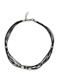 Collierkettchen ZEEme "Leder schwarz mit Stahlkugeln und wei&szlig;en Perlen", wei&szlig;, Halsketten, Damen, 42+3cm, Edelstahl, L: 45 B: 9mm, unifarben, B:9mm