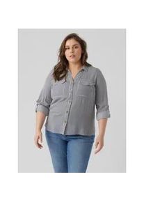 Hemdbluse Vero Moda CURVE "VMBUMPY L/S SHIRT NEW CURVE GA NOOS", Damen, Gr. 48, wei&szlig; (snow wei&szlig; stripes:india ink), Web, Obermaterial: 100% Viskose, gestreift, regular fit h&uuml;ftbedeckend, V-Ausschnitt, Blusen Hemdbluse
