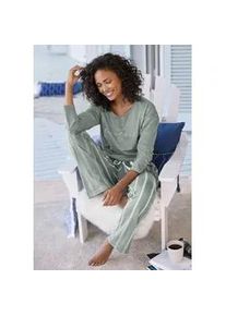 Pyjama Vivance DREAMS, Damen, Gr. 32/34, gr&uuml;n (gr&uuml;n gestreift), Single Jersey, Obermaterial: 100% Baumwolle, Basic, bequem lang, Rundhals, Homewear-Sets Pyjama, mit Frontdruck