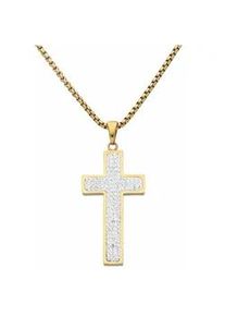 Kreuzkette Firetti "Schmuck Geschenk Halsschmuck Halskette Kreuz glitzernd", gold (goldfarben, kristallwei&szlig;), Halsketten, Damen, Edelstahl, L: 55 B: 2mm, Kreuzkette, mit Kristallstein (synth.), B:2mm