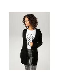 Strickjacke Aniston CASUAL, Damen, Gr. 40, schwarz, Grobstrick, Obermaterial: 100% Polyacryl, unifarben, sehr weit Po-bedeckend, V-Ausschnitt, Rippstrickb&uuml;ndchen, Strickjacken Strickjacke, mit kunstvollem Strickmuster