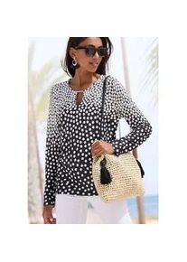 Langarmshirt Lascana, Damen, Gr. 44/46, schwarz (schwarz, creme bedruckt), Jersey, Obermaterial: 100% Viskose, bedruckt, gepunktet, figurumspielend h&uuml;ftlang, V-Ausschnitt, Shirts Langarmshirt, mit kleinem Ausschnitt, Jerseyshirt, Dot-Print