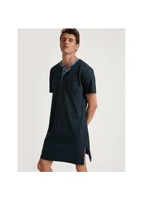 Nachthemd Calida "Relax Essentials", Herren, Gr. M (50), N-Gr, blau (schwarz sapphire), Single Jersey, Obermaterial: 100% Baumwolle, unifarben mit Farbeinsatz, bequem kniefrei, Rundhals, Kleider Nachthemd, Knopfleiste, Kurzarm, Pure Cotton, weich, Rundhals, Brusttasche