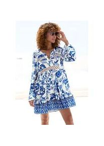 Longbluse Lascana, Damen, Gr. 32/34, blau (creme, blau bedruckt), Web, Obermaterial: 100% Viskose. Spitze: 100% Baumwolle, bedruckt, figurumspielend kurz, V-Ausschnitt, Volant, Blusen Longbluse, mit Spitzeneins&auml;tzen, Tunika, Blusenkleid, Strandmode