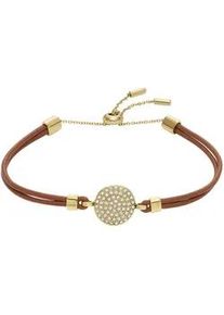 Armband Fossil "Schmuck Edelstahl Leder Armschmuck SADIE GLITZ DISC", braun (gelbgoldfarben, braun, kristallwei&szlig;, kristallwei&szlig;), Armb&auml;nder, Damen, Edelstahl Leder, Edelstahl, Leder, Armband, mit Glasstein