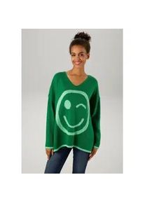 Strickpullover Aniston CASUAL, Damen, Gr. 32/34, gr&uuml;n (smaragd, hellgr&uuml;n), Strick, Obermaterial: 100% Polyacryl, gemustert, oversize Po-bedeckend, V-Ausschnitt, Strickb&uuml;ndchen, Pullover Strickpullover, mit eingestricktem Smiley