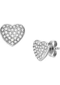 Paar Ohrstecker Fossil "Schmuck Geschenk Edelstahl Ohrringe SADIE Herz", silber (edelstahlfarben, kristallwei&szlig;, kristallwei&szlig;), Ohrringe, Damen, Edelstahl, mit Glassteinen