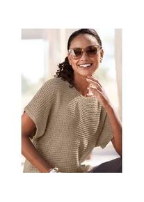 Kurzarmpullover Lascana, Damen, Gr. 44/46, gelb (camelfarben, goldfarben), Strick, Obermaterial: 100% Polyacryl, unifarben, figurumspielend h&uuml;ftlang, Rundhals, Pullover, in luftigem Ajourstrick, leichter Sommerpullover, Metallic-Effekt