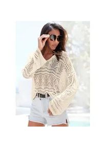 Strandpullover s.Oliver, Damen, Gr. 40/42, beige (sand), Strick, Obermaterial: 60% Baumwolle, 40% Polyester, leicht transparent, unifarben, figurumspielend h&uuml;ftlang, tiefer V-Ausschnitt, weit, Pullover, mit semi-transparentem Ajourmuster, sommerlicher Strickpullover