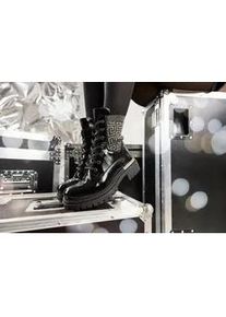 Schn&uuml;rboots Rieker, Damen, Gr. 42, gold (schwarz, goldfarben), Lacklederimitat, Textil, Glanzfaden, Schuhe Schn&uuml;rboots, Stiefelette, Blockabsatz, mit Textileinsatz am Schaft, Topseller