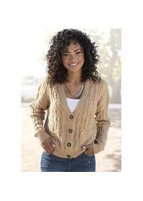 Strickjacke Lascana, Damen, Gr. 44/46, braun (camelfarben), Strick, Obermaterial: 50% Polyacryl, 50% Polyester, unifarben, figurumspielend h&uuml;ftlang, V-Ausschnitt, Rippstrickb&uuml;ndchen, Strickjacken Strickjacke, mit Zopfmuster, kuschelweicher Cardigan, l&auml;ssig