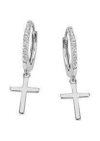 Paar Creolen Firetti "Schmuck Geschenk Silber 925 Kreuz", silber (silberfarben, kristallwei&szlig;, kristallwei&szlig;), Ohrringe, Damen, 14mm, Silber 925 (Sterlingsilber), mit Zirkonia (synth.)