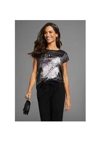 Shirtbluse Laura Scott, Damen, Gr. 48, schwarz, Web, Obermaterial: 100% Polyester. R&uuml;ckenteil: 95% Viskose, 5% Elasthan, bedruckt, metallic, unifarben, figurumspielend h&uuml;ftlang, Rundhals, Blusen, aus Satin mit dezentem Aufdruck