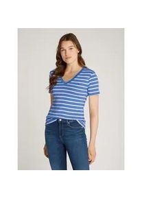 T-Shirt Tommy Hilfiger "SLIM CODY V-NK SS mit V-Ausschnitt und Streifen", Damen, Gr. XXL (44), blau (blau spell, ivory petal), Jersey, Obermaterial: 100% Baumwolle, gestreift, slim fit h&uuml;ftlang, tiefer V-Ausschnitt, abgesteppt, Shirts T-Shirt, Baumwolle, slim fit