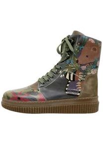 Schn&uuml;rboots DOGO "Future High Top Boots Bear And Flowers Damen Stiefeletten", Damen, Gr. 41, Normalschaft, schwarz, Lederimitat, Schuhe Schn&uuml;rboots, Handgefertigt
