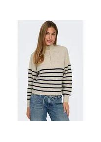 Strickpullover Only "ONLTOKYO L/S ZIP PULLOVER KNT NOOS", Damen, Gr. L, beige (pumice stone stripes:blau stripes), Strick, Obermaterial: 79% Polyester, 13% Polyacryl, 5% Wolle, 3% Elasthan, gestreift, regular fit normal, hoch geschlossener Ausschnitt, Rippb&uuml;ndchen, Pullover Strickpullover