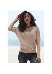 Langarmshirt Vivance "mit breitem Bund", Damen, Gr. 44/46, beige, Feinstrick, Obermaterial: 55% Polyester (REPREVE), 43% Viskose, 2% Elasthan, meliert, bequem normal, Rundhals, Shirts Langarmshirt, aus strukturiertem Feinstrick mit Viskose, Topseller