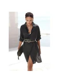 Longbluse Lascana, Damen, Gr. 36, schwarz, Web, Obermaterial: 58% Viskose, 28% Baumwolle, 14% Leinen, unifarben, figurumspielend kniebedeckend, V-Ausschnitt, mit Riegel krempelbar, Blusen Longbluse, aus leichter Webware mit Leinenanteil, luftiges Blusenkleid, Topseller