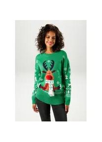 Weihnachtspullover Aniston CASUAL, Damen, Gr. 38, gr&uuml;n (gr&uuml;n, wei&szlig;, hellbraun, rost, marine), Strick, Obermaterial: 100% Polyacryl, Jacquardmuster, gemustert, l&auml;ssig geschnitten h&uuml;ftbedeckend, Rundhals, Rippstrickb&uuml;ndchen, Pullover Weihnachtspullover, mit Bommel-Nase und Fransenschal