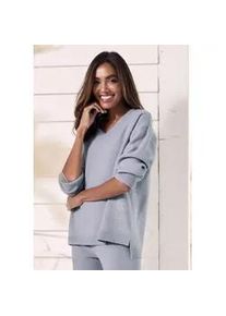 Sweater ELBSAND, Damen, Gr. 44/46, blau (rauchblau meliert), Feinstrick, Obermaterial: 50% Viskose, 28% Polyester, 22% Polyamid, meliert, unifarben, bequem h&uuml;ftlang, V-Ausschnitt, Sweatshirts Sweater, aus hochwertigen Strick, Topseller