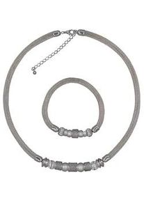 Collierkettchen Steuer "Metall 48+7,0cm + 19,0cm Stretch Mesh Kugeln Metall", silber (silbergrau), Halsketten, Damen, 55cm, Metall, L: 55 B: 6mm, matt, B:6mm