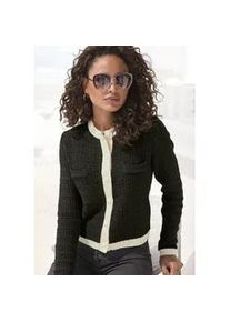 Strickjacke Lascana, Damen, Gr. 44/46, beige (schwarz, creme), Strick, Obermaterial: 37% Polyester, 36% Polyacryl, 22% Baumwolle, 5% Elasthan, unifarben mit Farbeinsatz, figurbetont taillenbedeckt, Rundhals, kontrastfarben, Strickjacken Strickjacke, mit dezentem Lurexgarn, Kontrastb&uuml;ndchen, casual-chic, elegant