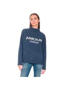 Rollkragenpullover Le Temps Des Cerises "DARRY", Damen, Gr. L, blau, 70% Polyester, 30% Nylon, mehrfarbig, normal, hoch geschlossener Ausschnitt, Pullover Rollkragenpullover, mit AMOUR CERISES-Schriftzug