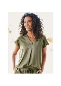 Kurzarmbluse Heine, Damen, Gr. 38, gr&uuml;n (khaki), 55% Leinen, 45% Viskose, unifarben, V-Ausschnitt, Blusen