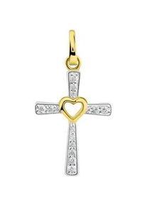 Kreuzanh&auml;nger Firetti "Schmuck Geschenk Gold 375 Halsschmuck Anh&auml;nger Kreuz mit Herz", gold (gelbgoldfarben, wei&szlig;goldfarbenkristallwei&szlig;, kristallwei&szlig;), Schmuckanh&auml;nger, Damen, Gelbgold 375, 1,3 g, mit Zirkonia (synth.)