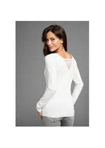 Strickpullover Laura Scott, Damen, Gr. 34, wei&szlig; (sanftes wei&szlig;), Feinstrick, Obermaterial: 70% Viskose, 30% Polyamid. Spitze: 90% Baumwolle, 10% Polyamid, unifarben, figurumspielend h&uuml;ftbedeckend, V-Ausschnitt, Rippb&uuml;ndchen, Pullover Strickpullover, mit Spitze im R&uuml;ckenausschnitt